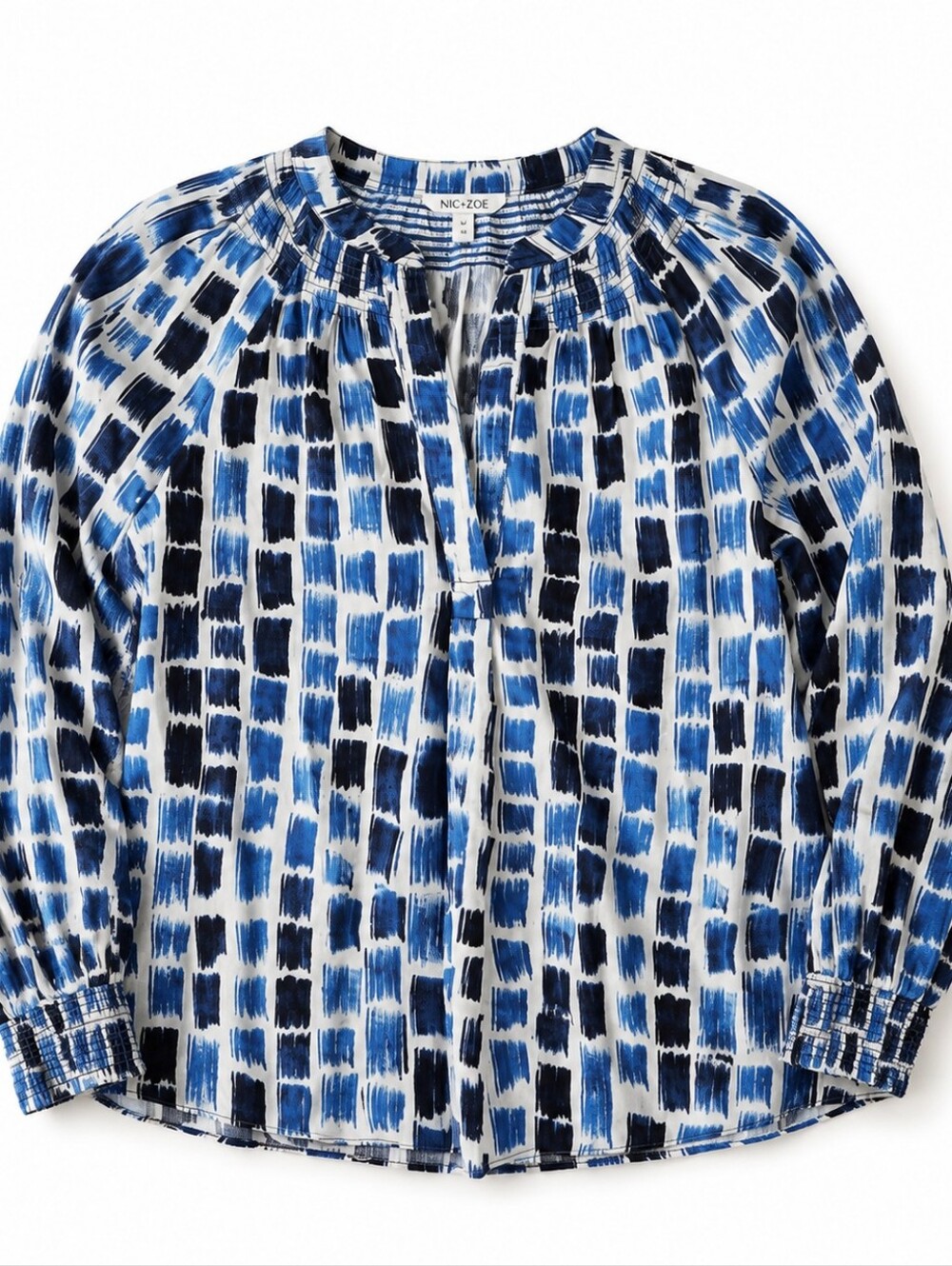 NIC+ZOE Blue Abstract Brushstroke Print Top M | Art Teacher Work Blouse